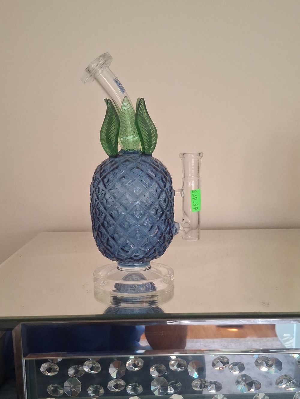Blue Glass Pineapple Sculpture Vase with Green Leaves